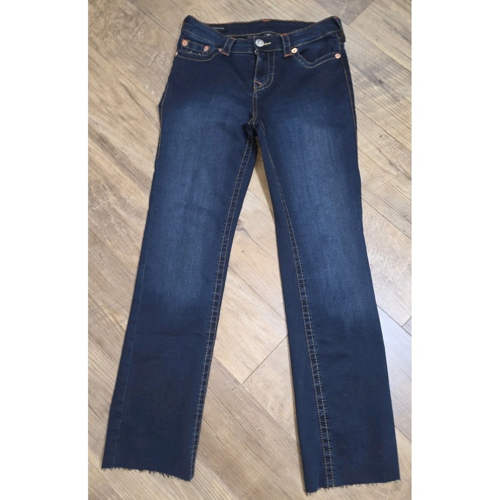 True Religion Billie Jeans Womens 29 Dark Wash Mid Rise Straight Raw Hem J51